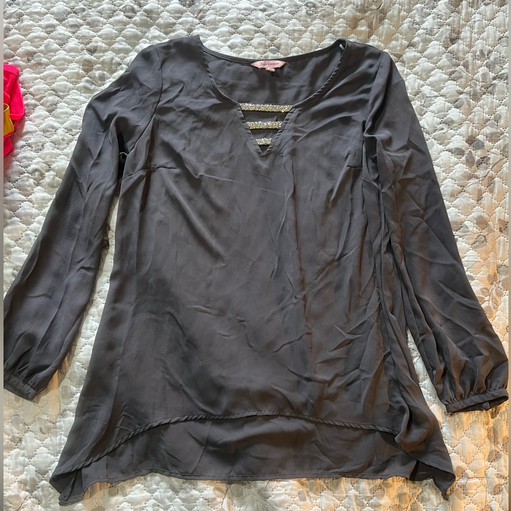 Juicy Couture Charcoal Blouse with V-Neck Detail